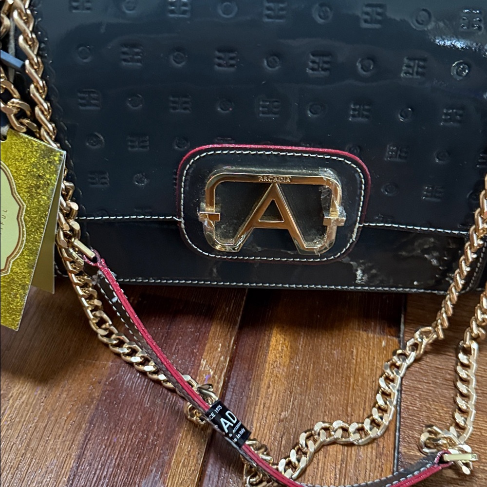 Arcadia gray with red trim and Gold Chain Handbag